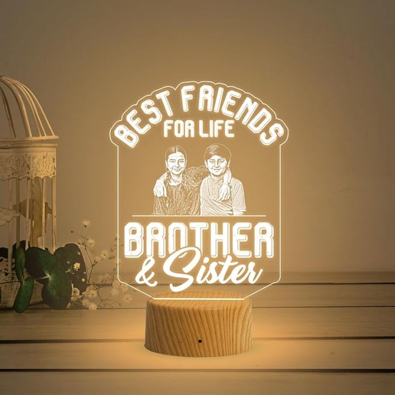 Best Friends for Life Brother & Sister Engraved Night Lamp with Warm White Light Customized with Photo Gift for Raksha Bandhan, Birthday Gift for Sister from Brother
