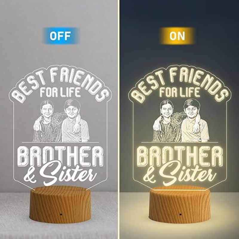 Best Friends for Life Brother & Sister Engraved Night Lamp with Warm White Light Customized with Photo Gift for Raksha Bandhan, Birthday Gift for Sister from Brother