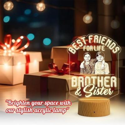 Best Friends for Life Brother & Sister Engraved Night Lamp with Warm White Light Customized with Photo Gift for Raksha Bandhan, Birthday Gift for Sister from Brother
