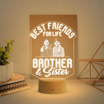 Best Friends for Life Brother & Sister Engraved Night Lamp with Warm White Light Customized with Photo Gift for Raksha Bandhan, Birthday Gift for Sister from Brother