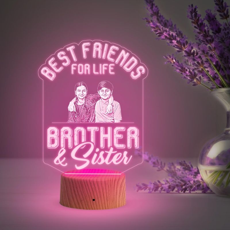 Best Friends for Life Brother & Sister Engraved Night Lamp with Multicolored Light Customized with Photo Gift for Raksha Bandhan , Birthday Gift for Sister from Brother