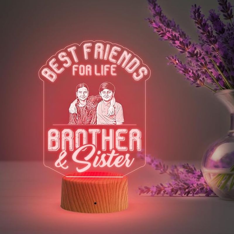 Best Friends for Life Brother & Sister Engraved Night Lamp with Multicolored Light Customized with Photo Gift for Raksha Bandhan , Birthday Gift for Sister from Brother