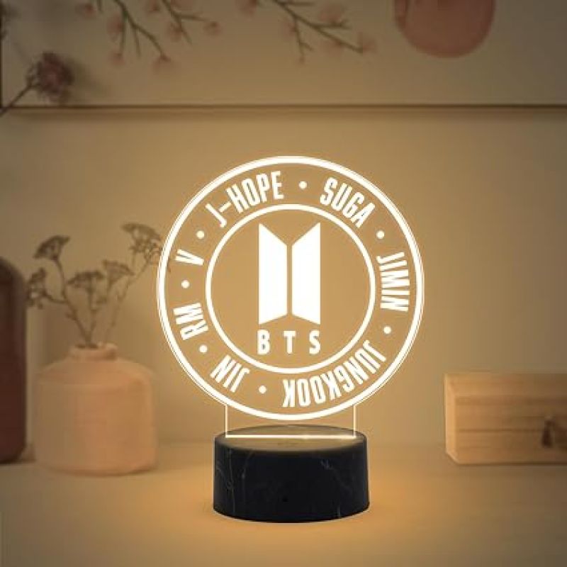 3D Illusion BTS Group Member Name Night Lamp with Warm White Light Gift for Women Girls Girlfriend Teen Girl Friends & Birthday Return Gift, Home Decor