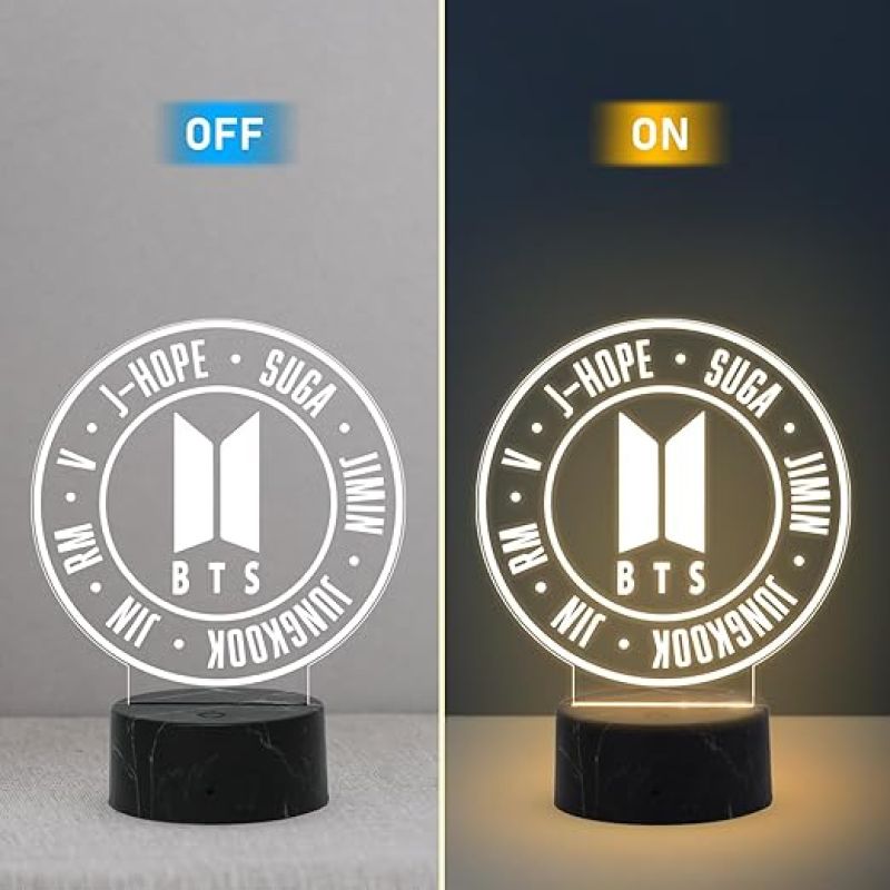3D Illusion BTS Group Member Name Night Lamp with Warm White Light Gift for Women Girls Girlfriend Teen Girl Friends & Birthday Return Gift, Home Decor
