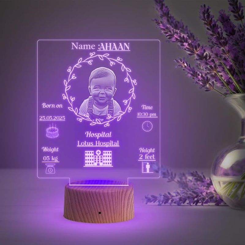 Personalized New Born Baby Photo Lamp with Multicolored Light Customized Photo, Name, Date, Time, Hospital Name, Congratulations Gift for New Parents, 1st Birthday Gift Baby Girls Boys, Gift for Kids