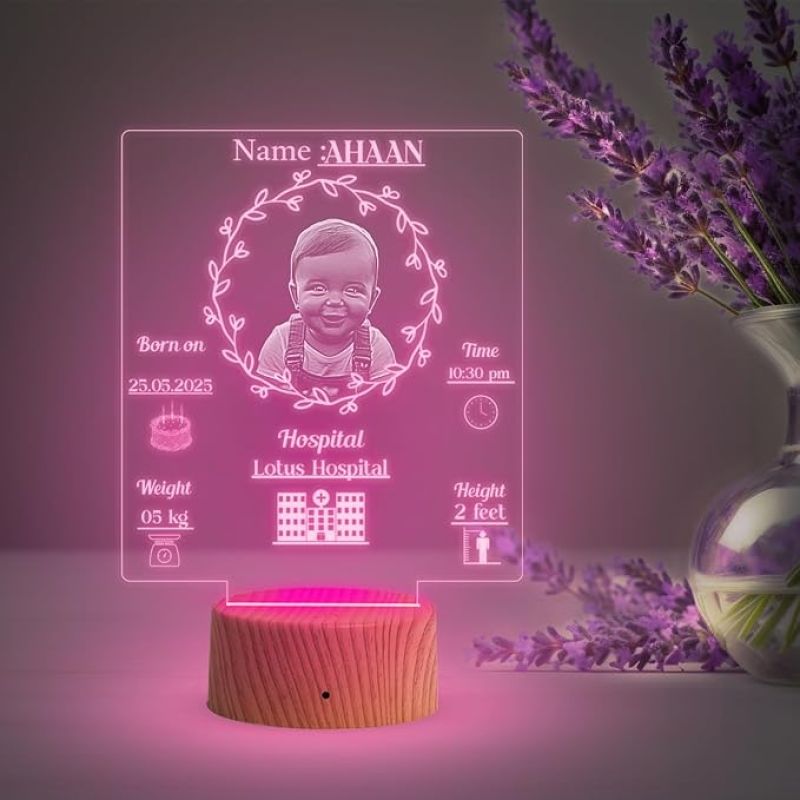 Personalized New Born Baby Photo Lamp with Multicolored Light Customized Photo, Name, Date, Time, Hospital Name, Congratulations Gift for New Parents, 1st Birthday Gift Baby Girls Boys, Gift for Kids