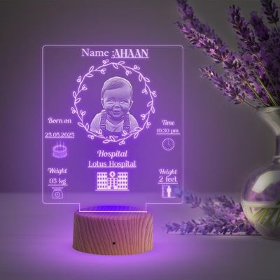 Personalized New Born Baby Photo Lamp with Multicolored Light Customized Photo, Name, Date, Time, Hospital Name, Congratulations Gift for New Parents, 1st Birthday Gift Baby Girls Boys, Gift for Kids
