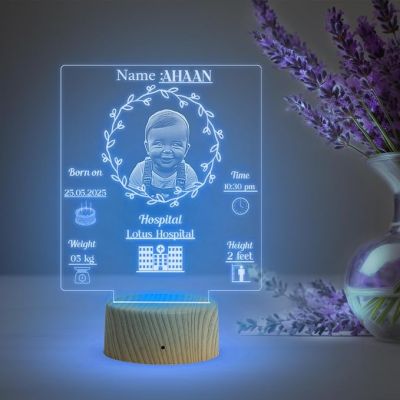 Personalized New Born Baby Photo Lamp with Multicolored Light Customized Photo, Name, Date, Time, Hospital Name, Congratulations Gift for New Parents, 1st Birthday Gift Baby Girls Boys, Gift for Kids