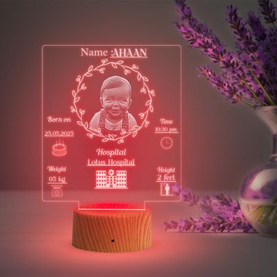 Personalized New Born Baby Photo Lamp with Multicolored Light Customized Photo, Name, Date, Time, Hospital Name, Congratulations Gift for New Parents, 1st Birthday Gift Baby Girls Boys, Gift for Kids
