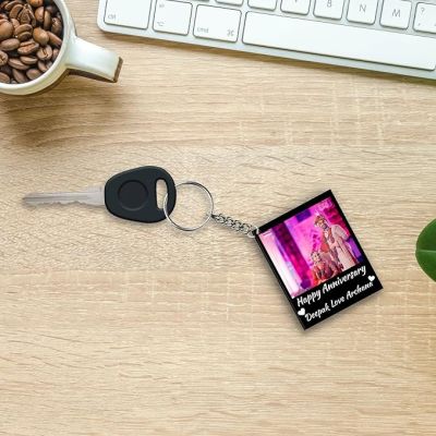 Happy Anniversary Wooden Key Chain Customized with Photo Name Gift For Lovable Person, Wife Husband