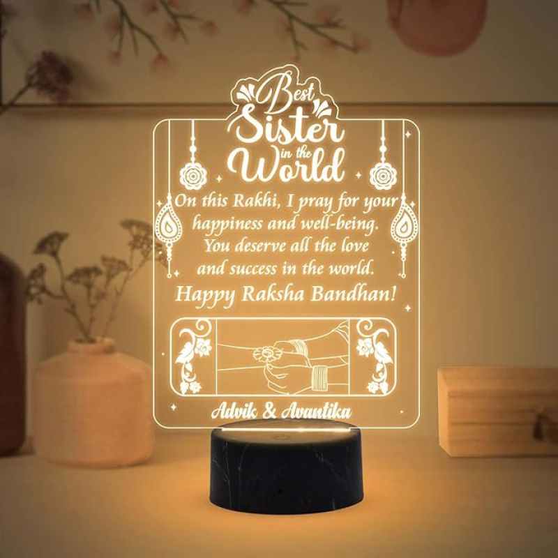 Best Sister in The World Happy Raksha Bandhan Night Lamp with Warm White Lamp Customized with Name Rakhi Gift for Sister