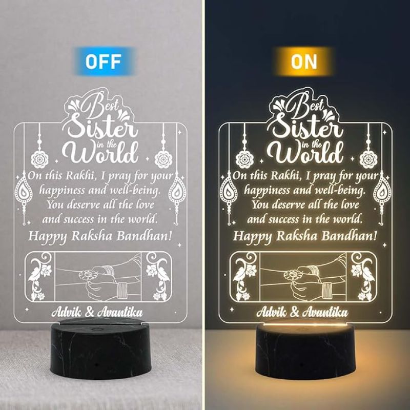 Best Sister in The World Happy Raksha Bandhan Night Lamp with Warm White Lamp Customized with Name Rakhi Gift for Sister