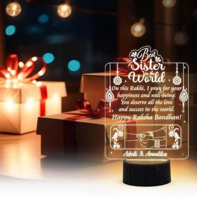 Best Sister in The World Happy Raksha Bandhan Night Lamp with Warm White Lamp Customized with Name Rakhi Gift for Sister