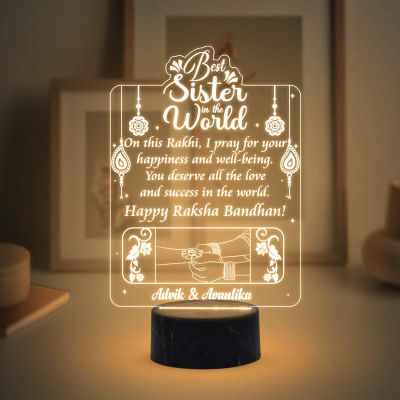 Best Sister in The World Happy Raksha Bandhan Night Lamp with Warm White Lamp Customized with Name Rakhi Gift for Sister