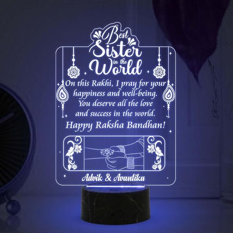 Best Sister in The World Happy Raksha Bandhan Night Lamp with 7 Color Changing Light Customized with Name Rakhi Gift for Sister