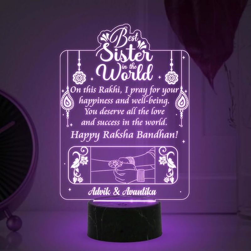 Best Sister in The World Happy Raksha Bandhan Night Lamp with 7 Color Changing Light Customized with Name Rakhi Gift for Sister