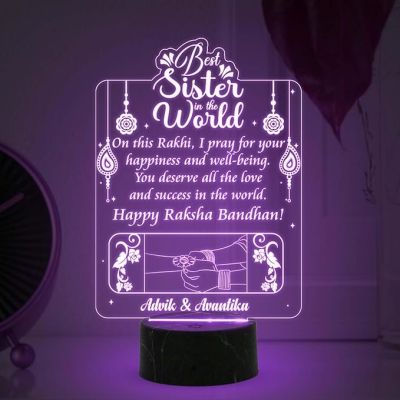 Best Sister in The World Happy Raksha Bandhan Night Lamp with 7 Color Changing Light Customized with Name Rakhi Gift for Sister