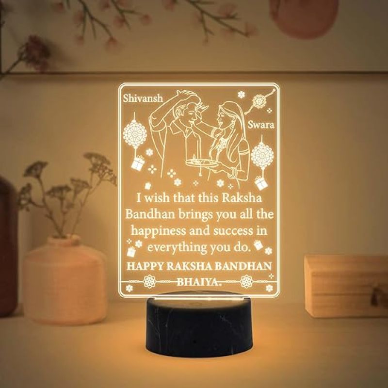 Personalized Happy Raksha Bandhan Night Lamp with Warm White Light Customized with Name Rakhi Gift for Brother from Sister Bhaiya Gift for Rakhi