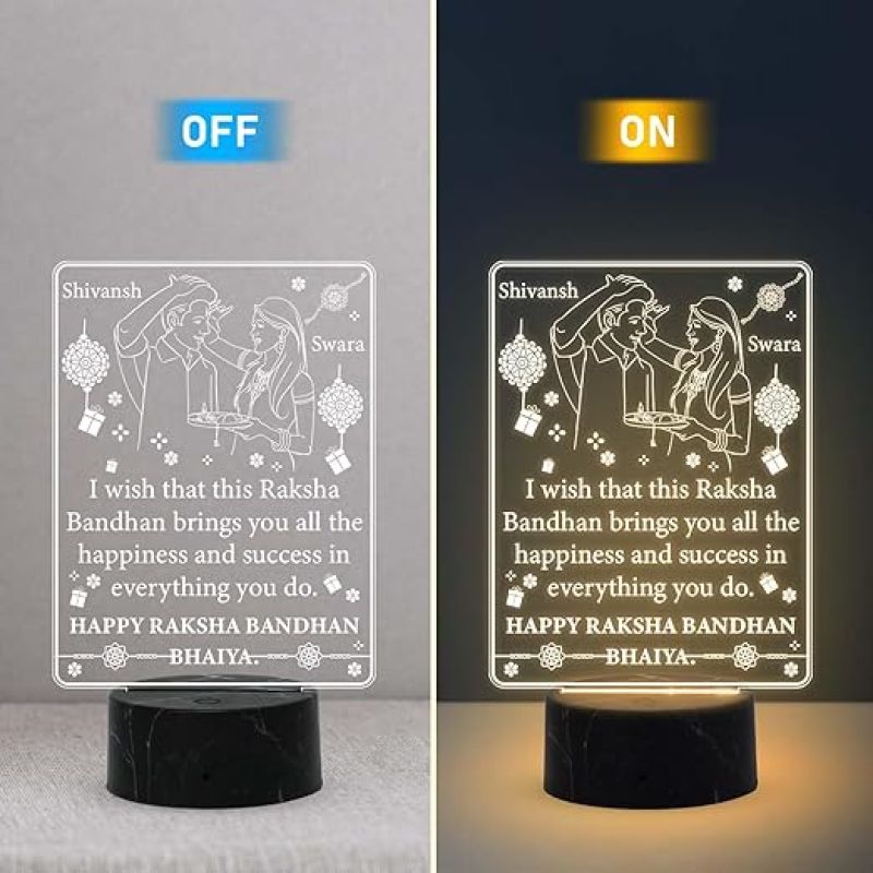 Personalized Happy Raksha Bandhan Night Lamp with Warm White Light Customized with Name Rakhi Gift for Brother from Sister Bhaiya Gift for Rakhi