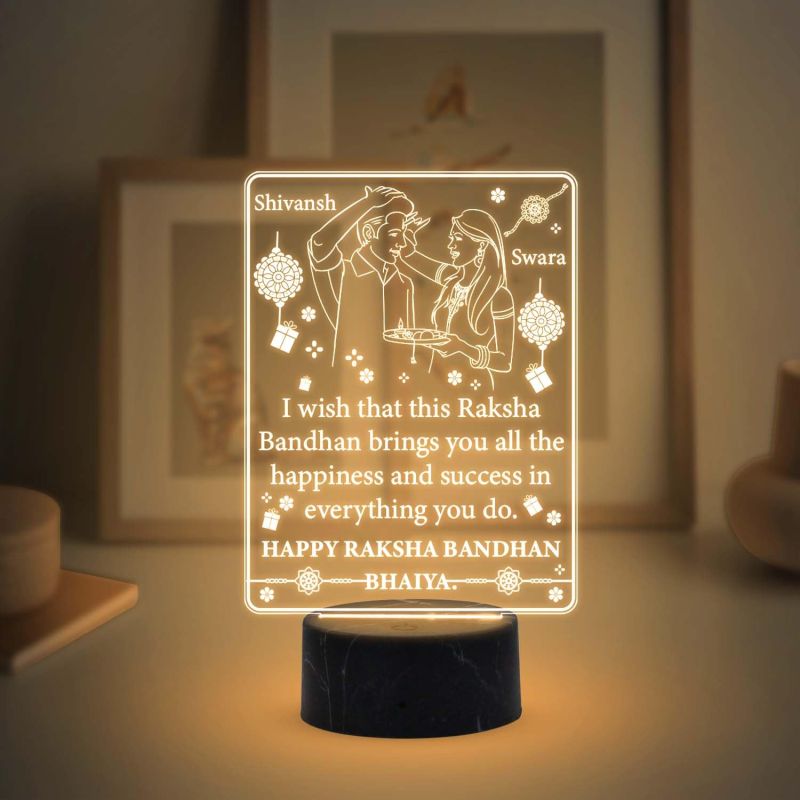 Personalized Happy Raksha Bandhan Night Lamp with Warm White Light Customized with Name Rakhi Gift for Brother from Sister Bhaiya Gift for Rakhi