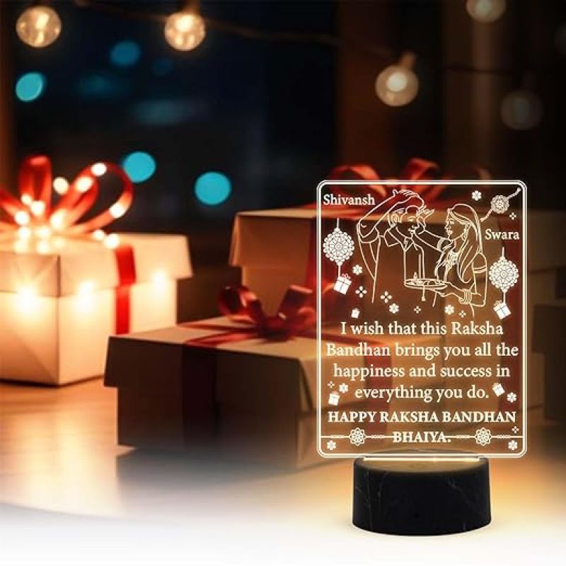 Personalized Happy Raksha Bandhan Night Lamp with Warm White Light Customized with Name Rakhi Gift for Brother from Sister Bhaiya Gift for Rakhi