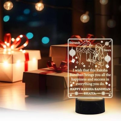 Personalized Happy Raksha Bandhan Night Lamp with Warm White Light Customized with Name Rakhi Gift for Brother from Sister Bhaiya Gift for Rakhi