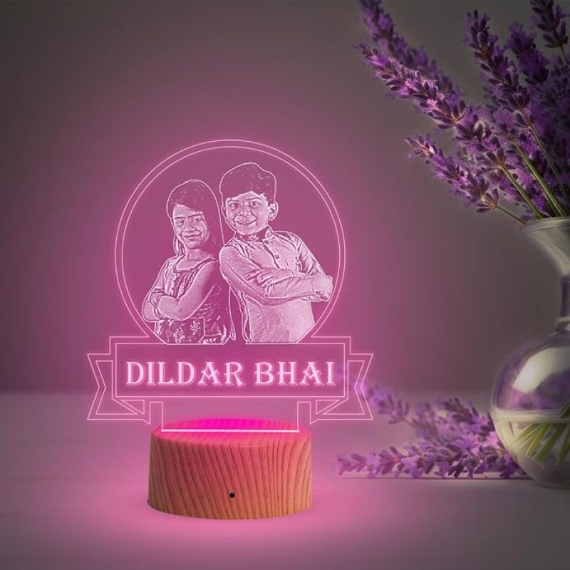 Personalized Dildar Bhai Photo Night Lamp with Automatic Color Changing Light Customized with Photo Gift for Raksha Bandhan | Birthday Gift for Bhai | Unique Gift for Brother Sister