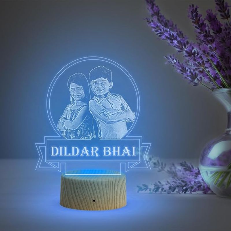 Personalized Dildar Bhai Photo Night Lamp with Automatic Color Changing Light Customized with Photo Gift for Raksha Bandhan | Birthday Gift for Bhai | Unique Gift for Brother Sister