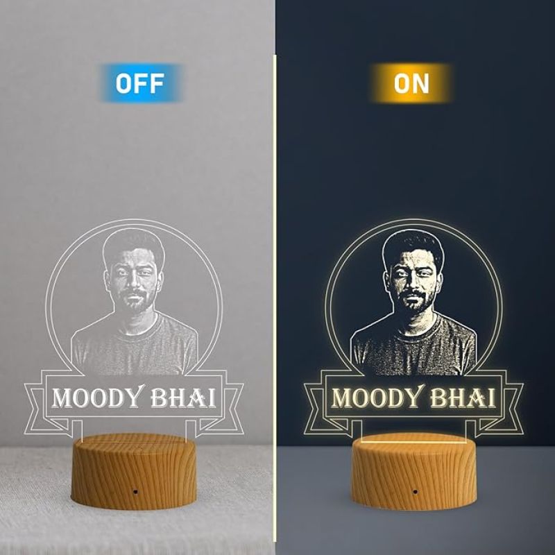 Personalized Moody Bhai Photo Night Lamp with Warm White Light Customized with Photo Gift for Raksha Bandhan | Birthday Gift for Bhai | Unique Gift for Brother Sister