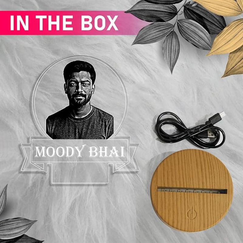 Personalized Moody Bhai Photo Night Lamp with Warm White Light Customized with Photo Gift for Raksha Bandhan | Birthday Gift for Bhai | Unique Gift for Brother Sister