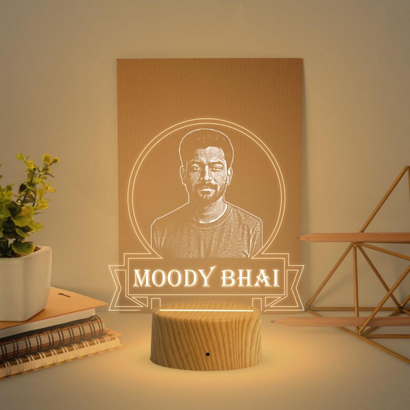 Personalized Moody Bhai Photo Night Lamp with Warm White Light Customized with Photo Gift for Raksha Bandhan | Birthday Gift for Bhai | Unique Gift for Brother Sister