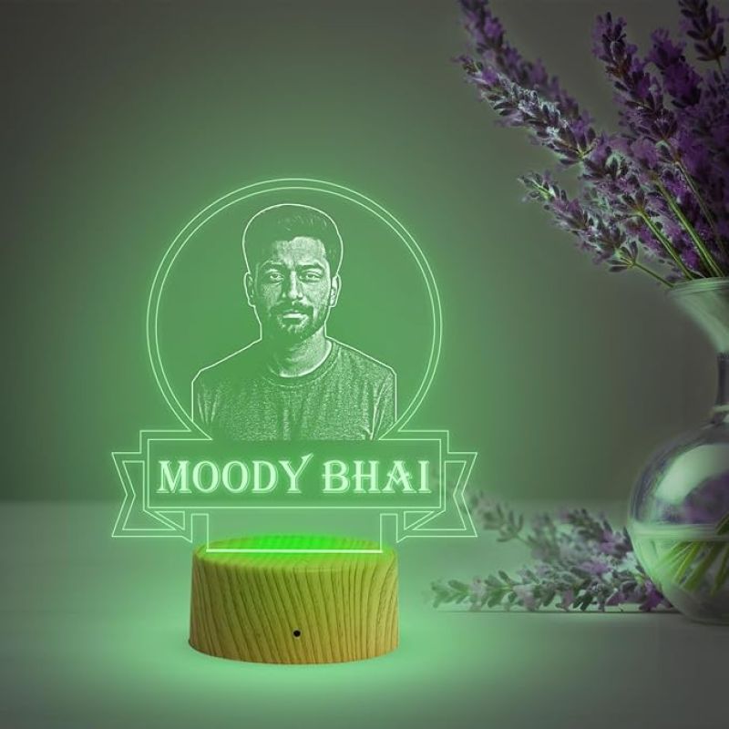 Personalized Moody Bhai Photo Night Lamp with Automatic Color Changing Light Customized with Photo Gift for Raksha Bandhan | Birthday Gift for Bhai | Unique Gift for Brother Sister