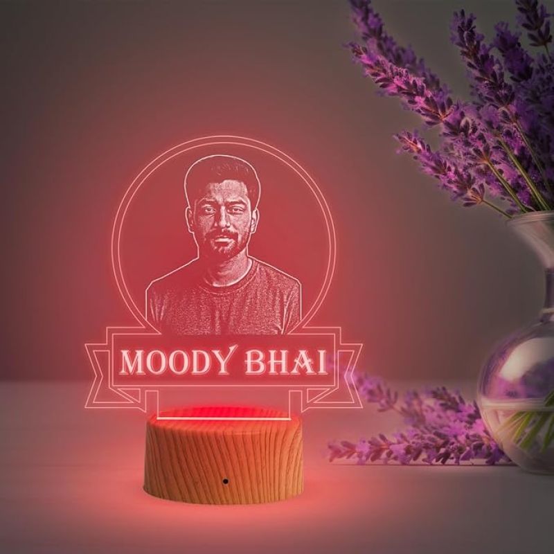 Personalized Moody Bhai Photo Night Lamp with Automatic Color Changing Light Customized with Photo Gift for Raksha Bandhan | Birthday Gift for Bhai | Unique Gift for Brother Sister