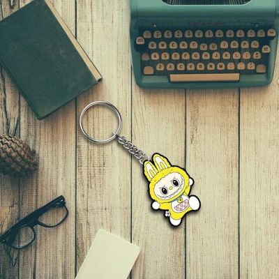 Cute Yellow Labubu  Wooden Printed Keychain For Bike & Car Lover Gift For Girls Boys