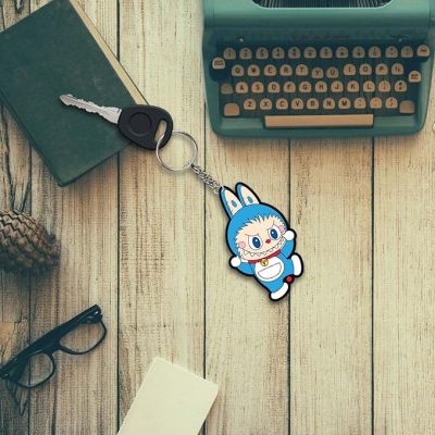 Cute Blue Labubu Wooden Printed  Keychain For Bike & Car Lover | Gift For Girls Boys
