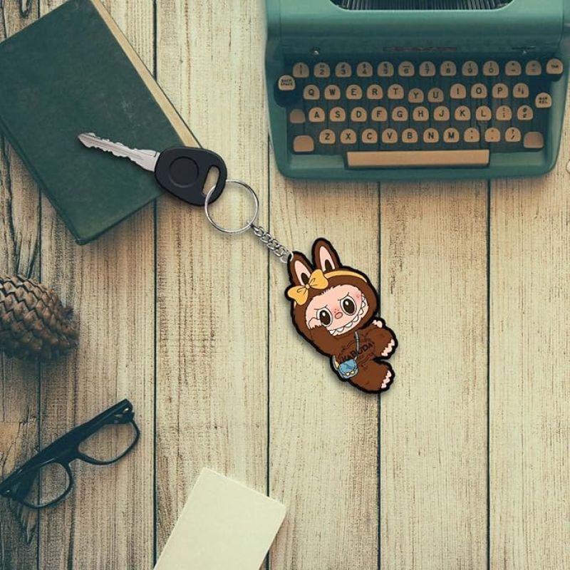Wooden Printed Cute Brown Labubu Keychain For Bike & Car Lover | Gift For Girls Boys | Anime Keychain