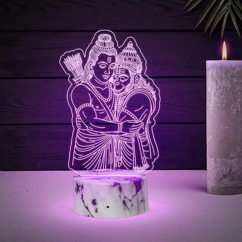 3D Illusion Ramji & Hanuman Led Night Lamp Religious Gift Items Home Office & Pooja Room Decoration Light Diwali Gift, Corporate Gift Multicolored Light