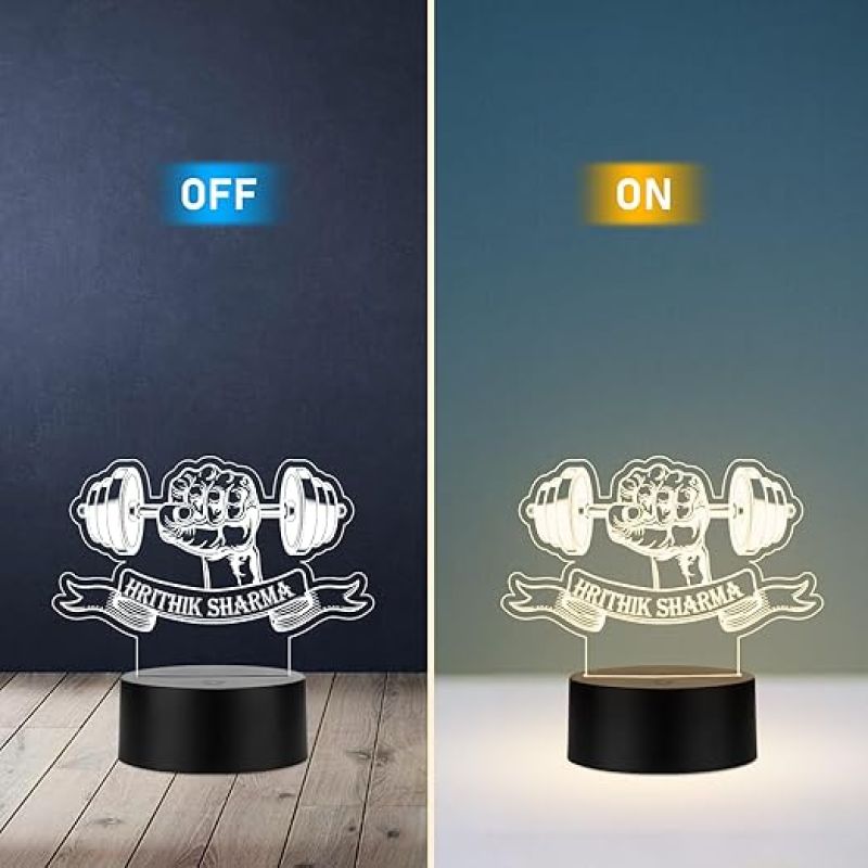 3D Illusion Gym Theme Hand with Weight Fitness Led Desk Table Lamp Personalized with Name Gift for Gym Lover & Gym Trainer Warm White Light