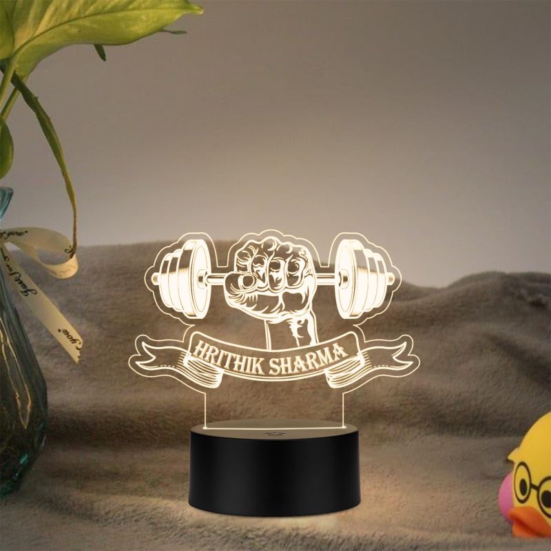 3D Illusion Gym Theme Hand with Weight Fitness Led Desk Table Lamp Personalized with Name Gift for Gym Lover & Gym Trainer Warm White Light