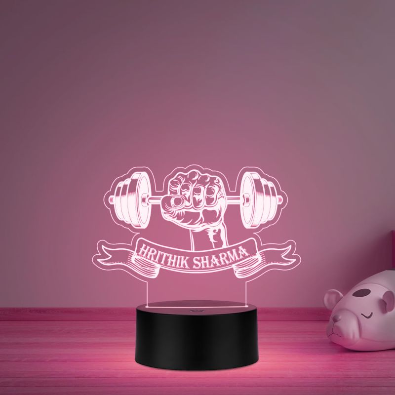 3D Illusion Gym Theme Hand with Weight Fitness Led Desk Table Lamp Personalized with Name Gift for Gym Lover & Gym Trainer Multicolored Light