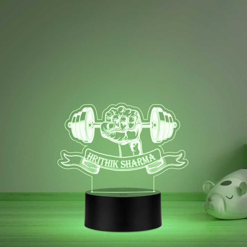 3D Illusion Gym Theme Hand with Weight Fitness Led Desk Table Lamp Personalized with Name Gift for Gym Lover & Gym Trainer Multicolored Light