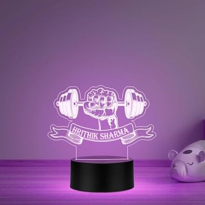 3D Illusion Gym Theme Hand with Weight Fitness Led Desk Table Lamp Personalized with Name Gift for Gym Lover & Gym Trainer Multicolored Light