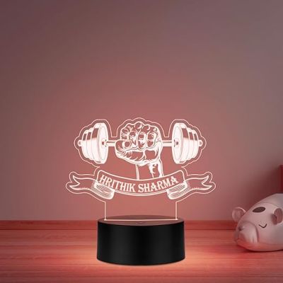 3D Illusion Gym Theme Hand with Weight Fitness Led Desk Table Lamp Personalized with Name Gift for Gym Lover & Gym Trainer Multicolored Light