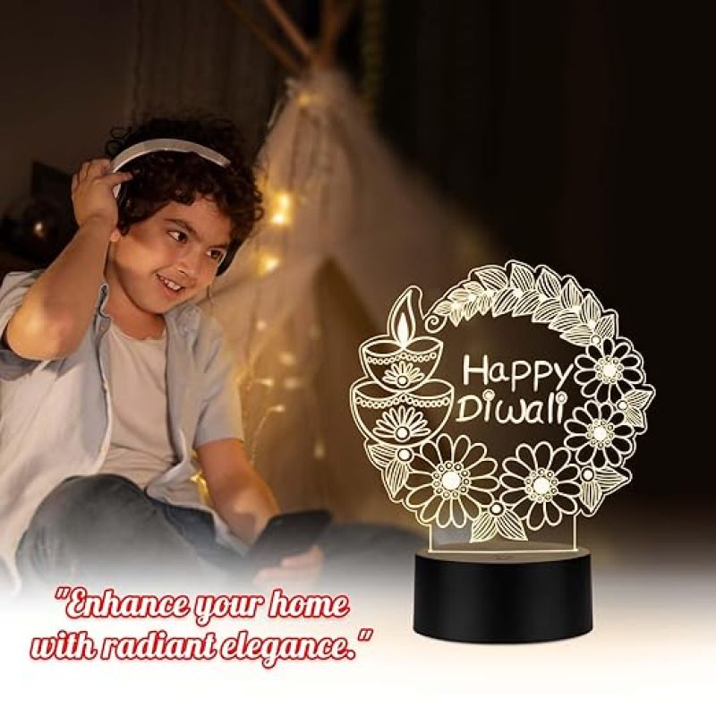 Diwali Festival 3D LED Night Light Lamp, Decorative Illuminated Display with Floral Design, Black Base Warm White Light