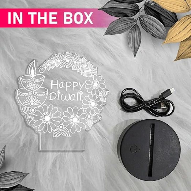 Diwali Festival 3D LED Night Light Lamp, Decorative Illuminated Display with Floral Design, Black Base Warm White Light