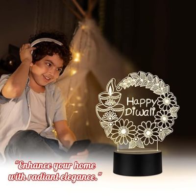 Diwali Festival 3D LED Night Light Lamp, Decorative Illuminated Display with Floral Design, Black Base Warm White Light