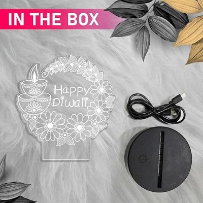 Diwali Festival 3D LED Night Light Lamp, Decorative Illuminated Display with Floral Design, Black Base Warm White Light