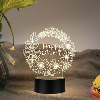 Diwali Festival 3D LED Night Light Lamp, Decorative Illuminated Display with Floral Design, Black Base Warm White Light
