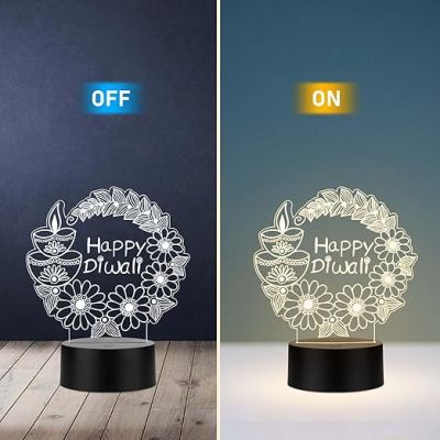 Diwali Festival 3D LED Night Light Lamp, Decorative Illuminated Display with Floral Design, Black Base Warm White Light