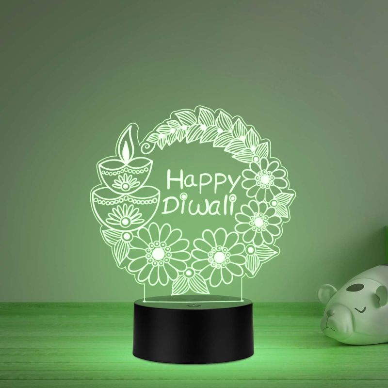Happy Diwali LED 3D Illusion Night Light, Decorative Lamp with Floral and Diya Design, Black Base Multicolored Light